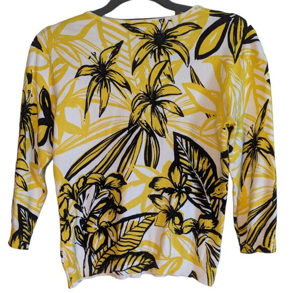 Cable & Gauge Womens Petite Medium PM Yellow Black Sweater Floral Sunny Palm - Picture 2 of 7